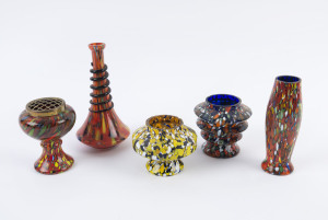 Five assorted Bohemian mottled glass vases, early 20th century, one with brass flower aid, the largest 20cm high