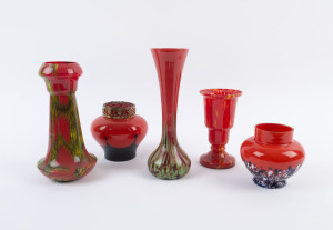 Five assorted Bohemian red mottled glass vases, early 20th century, one with brass flower aid, the largest 28cm high