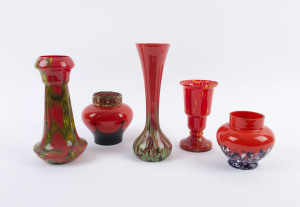 Five assorted Bohemian red mottled glass vases, early 20th century, one with brass flower aid, ​the largest 28cm high