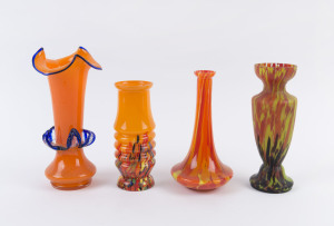 Four assorted Bohemian "Tango" and mottled orange glass vases, early 20th century, the largest 24cm high