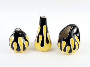 Three German yellow and black porcelain vases, circa 1950's, two stamped "Germany, Hand-Painted", the other illegible, the largest 21.5cm high