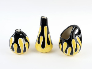 Three German yellow and black porcelain vases, circa 1950's, two stamped "Germany, Hand-Painted", the other illegible, ​the largest 21.5cm high