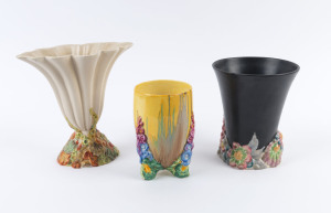 CLARICE CLIFF: Three floral porcelain mantel vases, two stamped "Bizarre By Clarice Cliff", the other "Clarice Cliff, Newport Pottery", the largest 20cm high