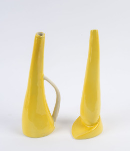 An Italian retro yellow porcelain jug and matching vase, circa 1950's, (2 items), stamped "Hand-Painted Italy", with Buckley & Nunn retailer's label, 31cm high