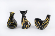 German black and yellow retro porcelain cat vase and two other vases, circa 1950s, (3 items), the cat vase 20cm high