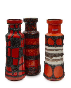 Three German orange pottery retro vases, circa 1960, stamped "W.GERMANY", 32cm high