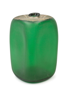BARBINI Scarvo Murano green glass vase of square form with indented sides and top, most likely for CENEDESE, circa 1970's, original label "Barbini, Murano", 30cm high, 17cm wide