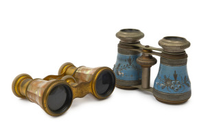 Two pairs of antique French opera glasses, 19th century, 10cm and 11cm wide