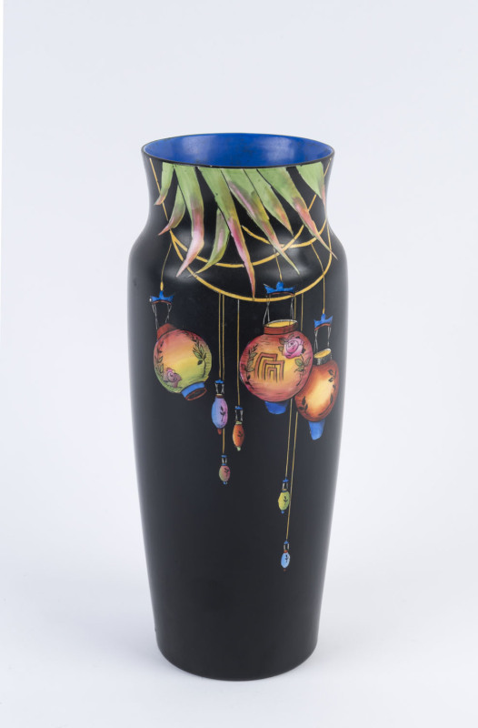 CROWN DUCAL English porcelain vase decorated with Chinese lanterns, circa 1930's, black crown mark "Crown Ducal Ware, England", ​27.5cm high