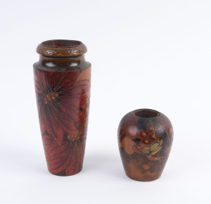 Two Australian pokerwork vases, circa 1930, 23cm and 11.5cm high