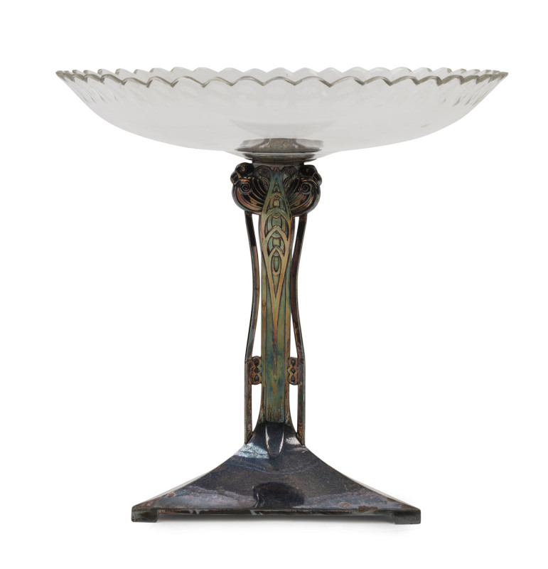 WMF German Art Nouveau comport, silver plate with wheel cut crystal bowl, circa 1900, stamped "W.M.F.", ​27cm high, 27cm diameter