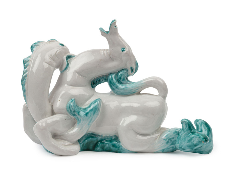 Italian pottery seahorse and serpent statue, circa 1950's, signed "Italy, A.908" with "Z" and wavy line monogram, ​18cm high, 25cm long