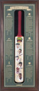 THE KNIGHTS OF CRICKET, full size cricket bat, with signatures of Sir Donald Bradman, Sir Richard Hadlee, Sir Colin Cowdrey, Sir Garfield Sobers, Sir Clyde Walcott & Sir Everton Weekes, mounted in an attractive display case, overall 47x108cm.