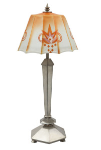 An Art Deco table lamp with nickel plated base and orange and white glass shade, circa 1930, 56cm high