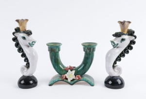 A pair of Austrian pottery horse candlesticks, together with a pottery candelabra by RASPER & SOHNE of Vienna, (3 items), both with original factory labels, 21cm and 14cm high