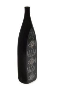 GUSTAVSBERG "Facett" pottery vase with silver water lilies and fish overlay, designed by Sven Jonson, mid 20th century, stamped "Gustavsberg, Facett, 4A, Made In Sweden", with Gustavsberg label and "Design SVEN JONSON" paper label, 26.5cm high