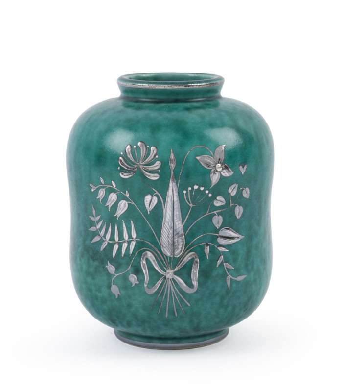 GUSTAVSBERG "Argenta" pottery vase with silver floral overlay, circa 1930's, stamped "Gustavsberg, Argenta, 1079, Made In Sweden", ​11.5cm high