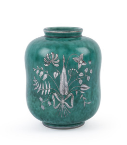 GUSTAVSBERG "Argenta" pottery vase with silver floral overlay, circa 1930's, stamped "Gustavsberg, Argenta, 1079, Made In Sweden", 11.5cm high