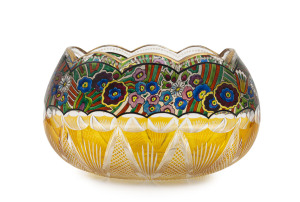 MOSER Bohemian amber overlay glass vase with hand-painted enamel floral frieze, late 19th early 20th century, 10.5cm high, 18cm wide