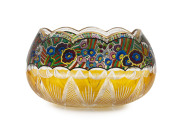 MOSER Bohemian amber overlay glass vase with hand-painted enamel floral frieze, late 19th early 20th century, 10.5cm high, 18cm wide