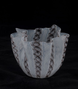 VENINI Fazzoletti Filigree Murano glass handkerchief vase, circa 1950's, acid etched "Venini, Murano, Italia", 10cm high, 13cm wide