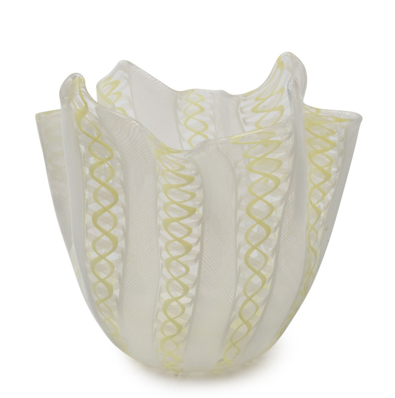 Italian Fazzoletti Filigree yellow Murano glass handkerchief vase, circa 1950's, most likely Venini, 14cm high, 13cm wide