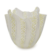 Italian Fazzoletti Filigree yellow Murano glass handkerchief vase, circa 1950's, most likely Venini, 14cm high, 13cm wide