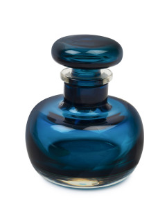 VENINI blue Sommerso Murano glass decanter designed by Paulo Venini, circa 1950, acid etched mark "Venini, Murano, Italia", with original paper label "Venini Made In Italy", 15cm high, 13cm diameter