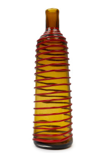 VENINI Murano glass bottle vase, amber with red spiralling applied glass thread, circa 1952, affixed paper label "Venini, Made In Italy", possibly obscuring acid etched mark, 30.5cm high
