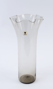 VENINI clear Murano glass vase, cylindrical form with ruffled flared rim, circa 1981, engraved "Venini, Italia, 81", with original label "Venini, Made In Italy", ​28.5cm high
