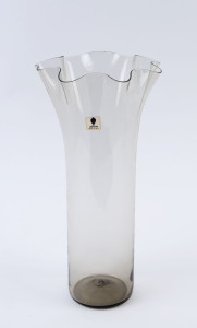 VENINI clear Murano glass vase, cylindrical form with ruffled flared rim, circa 1981, engraved "Venini, Italia, 81", with original label "Venini, Made In Italy", 28.5cm high