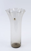 VENINI clear Murano glass vase, cylindrical form with ruffled flared rim, circa 1981, engraved "Venini, Italia, 81", with original label "Venini, Made In Italy", ​28.5cm high