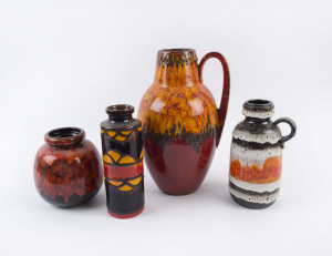 Four German retro pottery vases, mid 20th century, stamp "W. Germany", the largest 39cm high