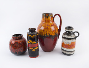 Four German retro pottery vases, mid 20th century, stamp "W. Germany", ​the largest 39cm high