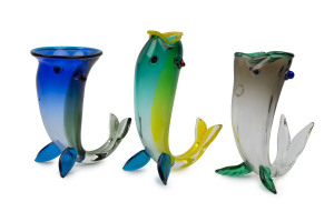 FULVIO BIANCONI for VENINI: Three Murano glass fish vases, circa 1995, engraved "Venini, 1995, Fulvio Bianconi", with original label "Venini, Murano, Made In Italy", the largest 18cm high