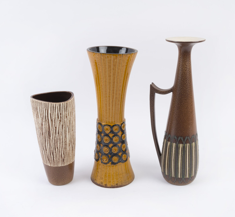 GUNDA pottery vases and ewer with brown geometric designs, (3 items), signed "Gunda, 54", the largest 39cm high