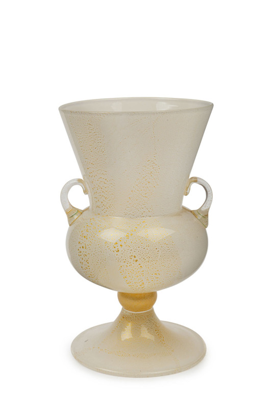 Italian Lattimo Murano glass two handled vase in thin opaque white glass with aventurine inclusions, circa 1920s, 23cm high