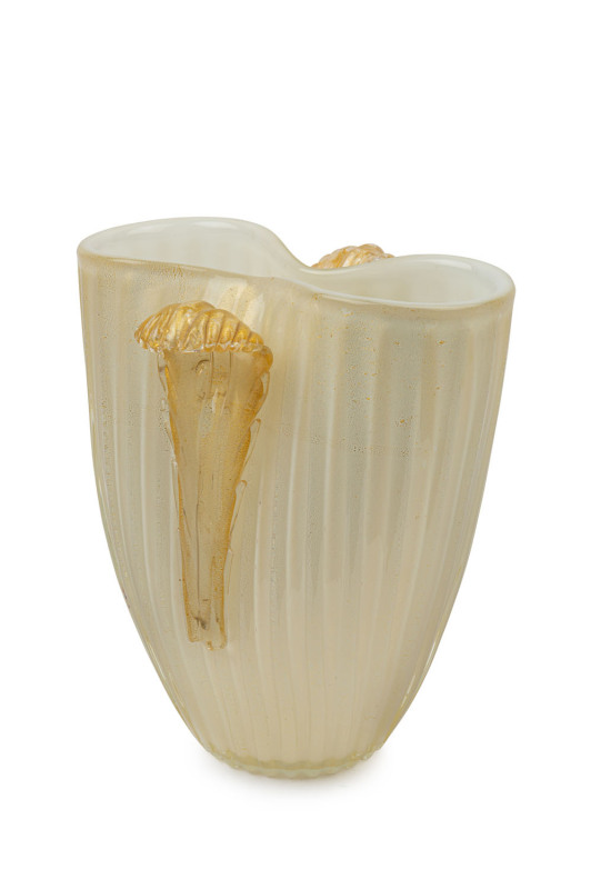 SEGUSO Murano glass vase, opalescent with aventurine inclusions, circa 1930's, original red label "Made In Murano Italy", 28.5cm high, 26cm wide