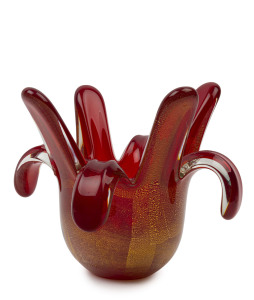SEGUSO red cased Murano glass vase in the form a sea anemone with aventurine gold inclusions, circa 1950's, 20cm high, 26cm wide