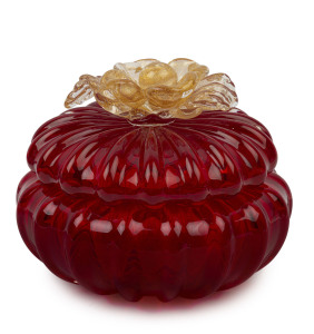 SEGUSO red fluted Murano glass lidded bowl with floral aventurine handle, circa 1930's, with remains of original label, 15cm high, 19cm wide