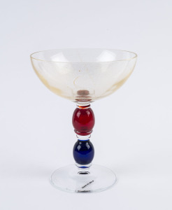 GIO PONTI (attributed) Murano glass comport, red and blue stem with aventurine bowl and clear glass base, engraved signature (illegible), with original label "Made In Italy", ​19cm high, 15cm diameter