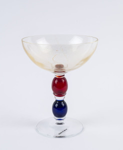 GIO PONTI (attributed) Murano glass comport, red and blue stem with aventurine bowl and clear glass base, engraved signature (illegible), with original label "Made In Italy", 19cm high, 15cm diameter