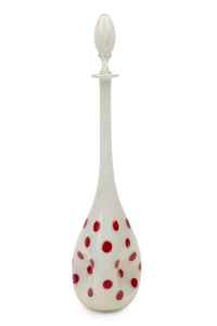 A Murano decanter opaque white glass with aventurine gold inclusions and applied red polka dot decoration, circa 1950's, 43cm high