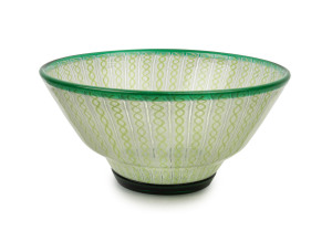 UNKNOWN ARTIST green Latticcino Murano glass bowl with applied rim and foot, circa 1950's, ​12cm high, 26cm diameter