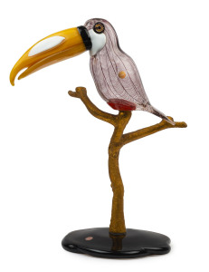 LICIO ZANETTI "Toucano" Murano glass bird statue mounted on gilded bronze branch and glass base, engraved "Zanetti Licio", with original label "Made In Murano Italy", 53cm high