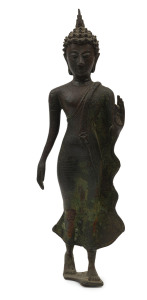 Thai walking Buddha (abhayamudra) bronze statue, Sukothai, 14th century, 29cm high