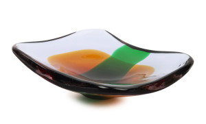 Italian Murano glass fruit bowl, soft blue colour with orange Sommerso and green band, circa 1960, 7cm high, 24cm wide