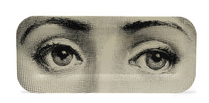 FORNASETTI "Occhi" tray, lithographed enamel on tin, circa 1950's, circular label verso "Fornasetti, Milano, Made In Italy", 25 x 59cm