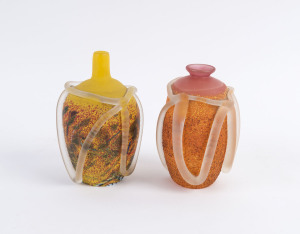 KOSTA BODA "Atelier", two Swedish orange glass vases with frosted trailed glass decoration by BERTIL VALLIEN, (2 items), engraved "Kosta Boda, Atelier, B. Vallien", 15cm and 14cm high