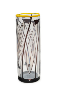 ORREFORS Swedish cylindrical glass vase with fish decoration by ANNE NILSSEN, circa 1990, engraved "Orrefors, 964478, Anne Nilssen, EAI-90", 34cm high
